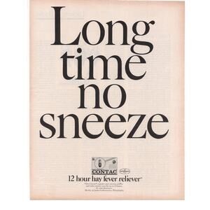Contac Allergy Medication Magazine Advertisement Vintage B&W 1968 Hay Fever